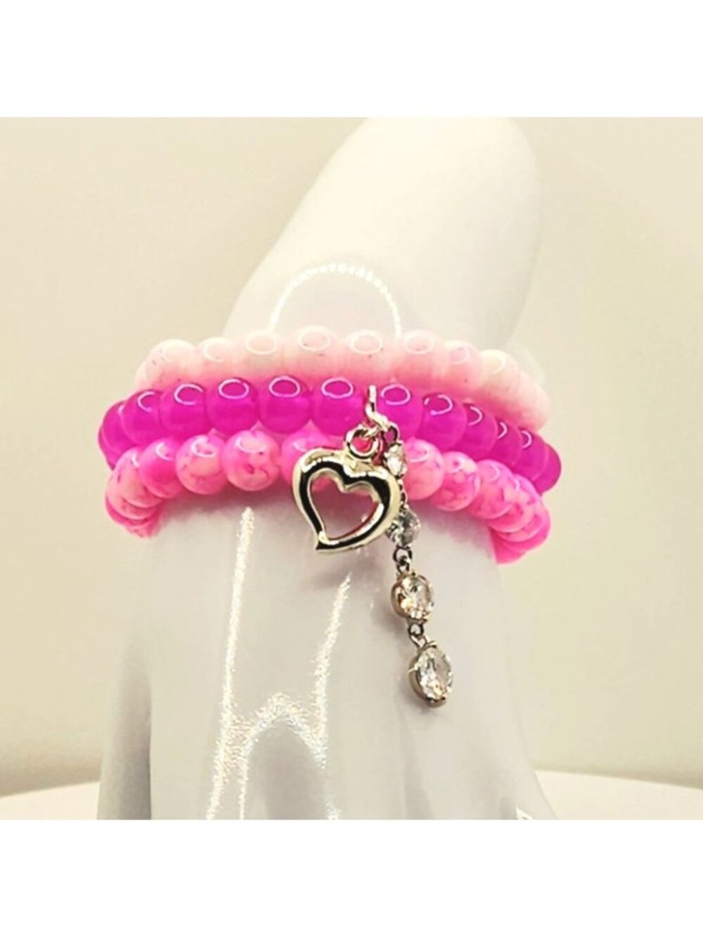 Hot Pink Bracelet Stack, Pink Heart Charm Bracelet, Layered Beaded Bracelet Set